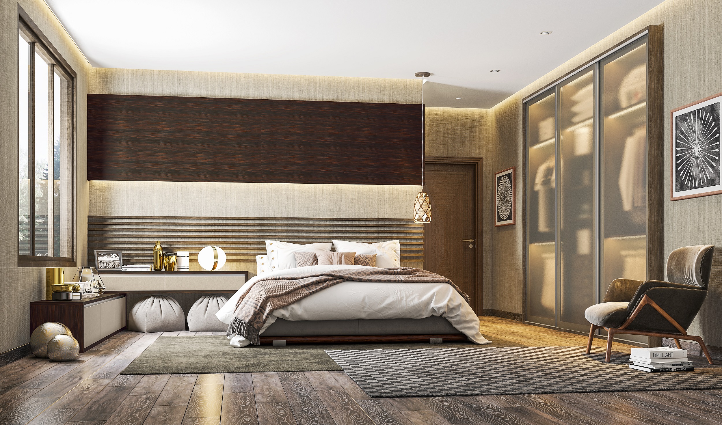 Dormitório 03 - Roupeiro e Ripas Carvalho Nogal Eco  Caixaria do Criado e Painel Jacarandá Frentes de Gaveta Kashmir  Portas do Roupeiro Acidato Bronze.jpg